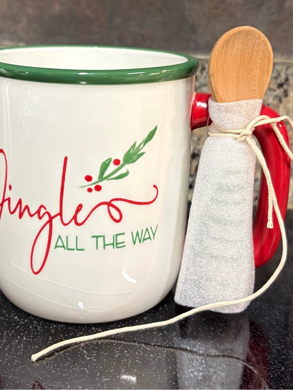 Festive Ceramic Christmas Mug with Spoon - White, Red & Green